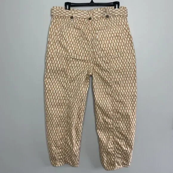 ULLA JOHNSON Waverly Printed Jeans Women 12 Tan Check Print Tapered 100% Cotton - Picture 10 of 14